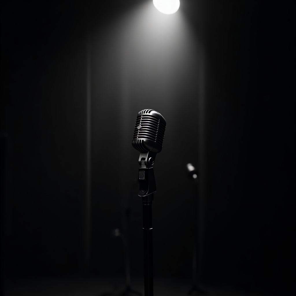 Vintage ribbon microphone on a small club stage, soft spotlight, smoke haze, and deep violet shadows