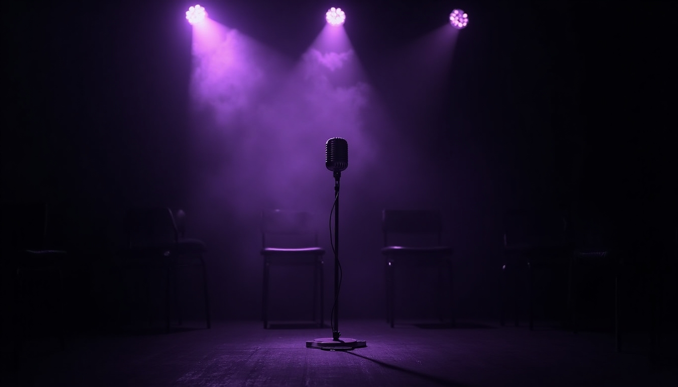 Dim jazz club stage with a lone vintage microphone under a violet spotlight, empty chairs fading into smoke
