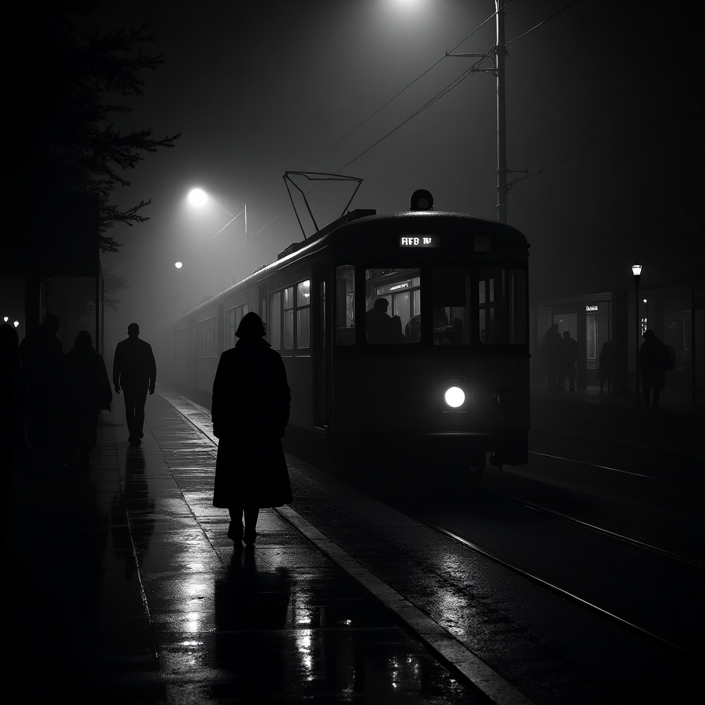 Noir midnight train arriving at a rain-soaked platform with glowing windows and drifting mist