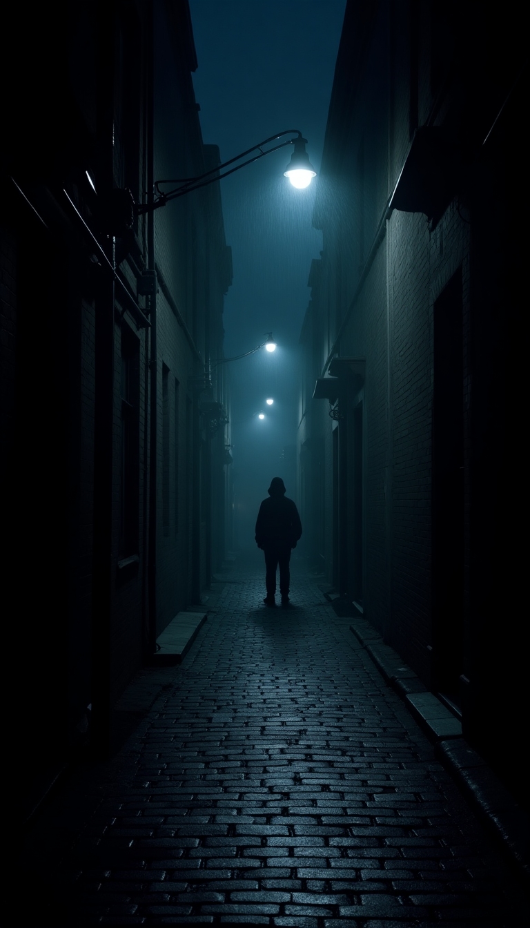 Rain-slicked midnight alley with a single streetlamp casting a long shadow, mist curling along cobblestones