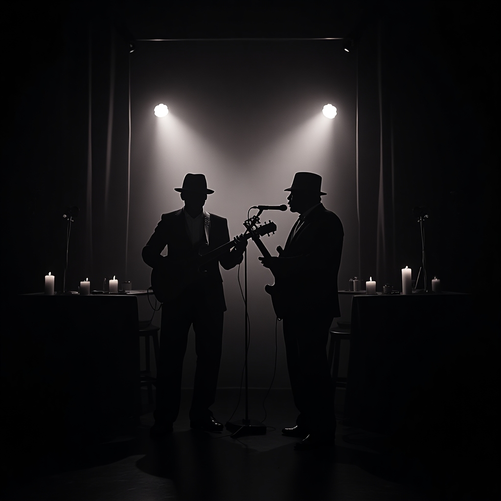 Smoky noir jazz club interior with dim stage lights, velvet curtains, and shadowed musicians