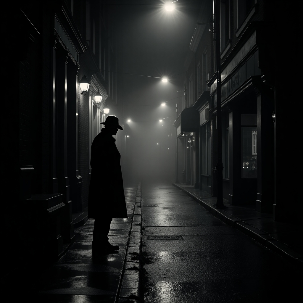 Rain-slick night street with a single glowing streetlamp, deep shadows, and vintage storefront silhouettes