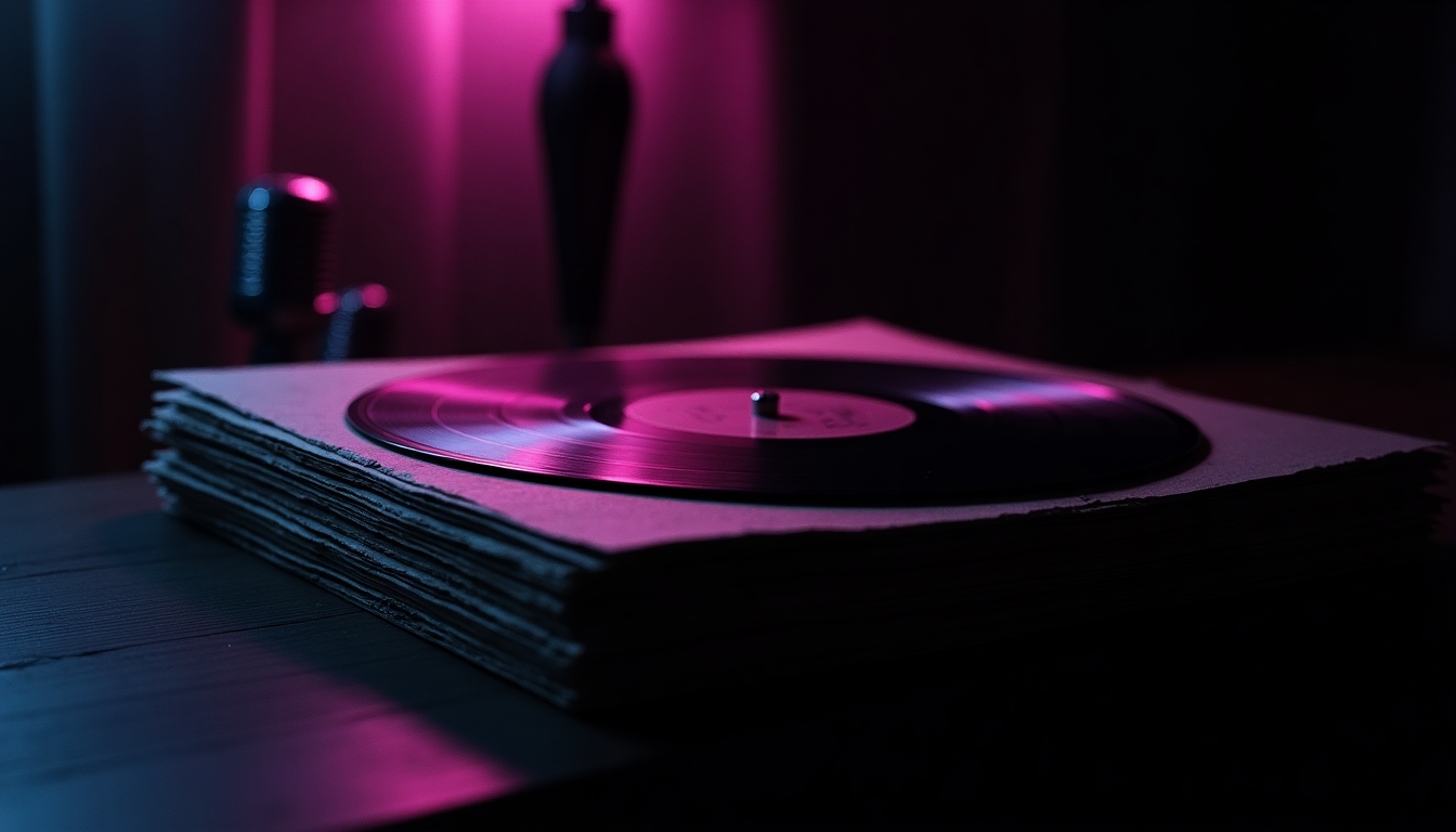 Stack of worn blues record sleeves on a wooden table, edges frayed and lit by moody side light