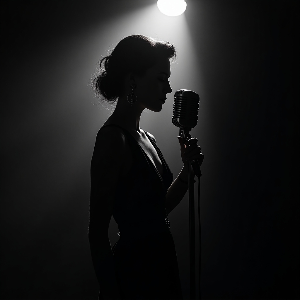 Elegant torch singer in a vintage gown beside a chrome microphone, spotlight cutting through smoke