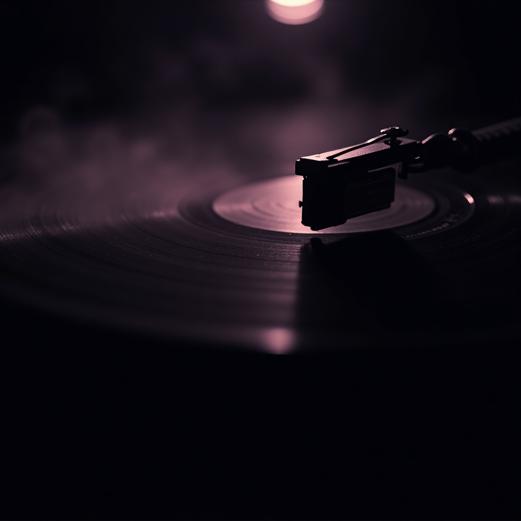 Close-up of a vintage vinyl record on a turntable, needle poised under moody purple-black light