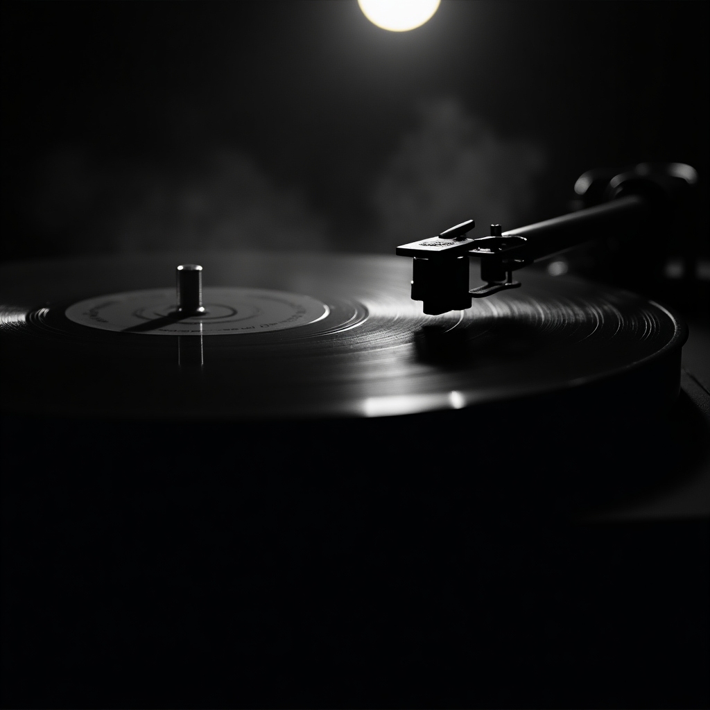 Close-up of a spinning vinyl record with visible grooves, low light reflection, and moody monochrome tones