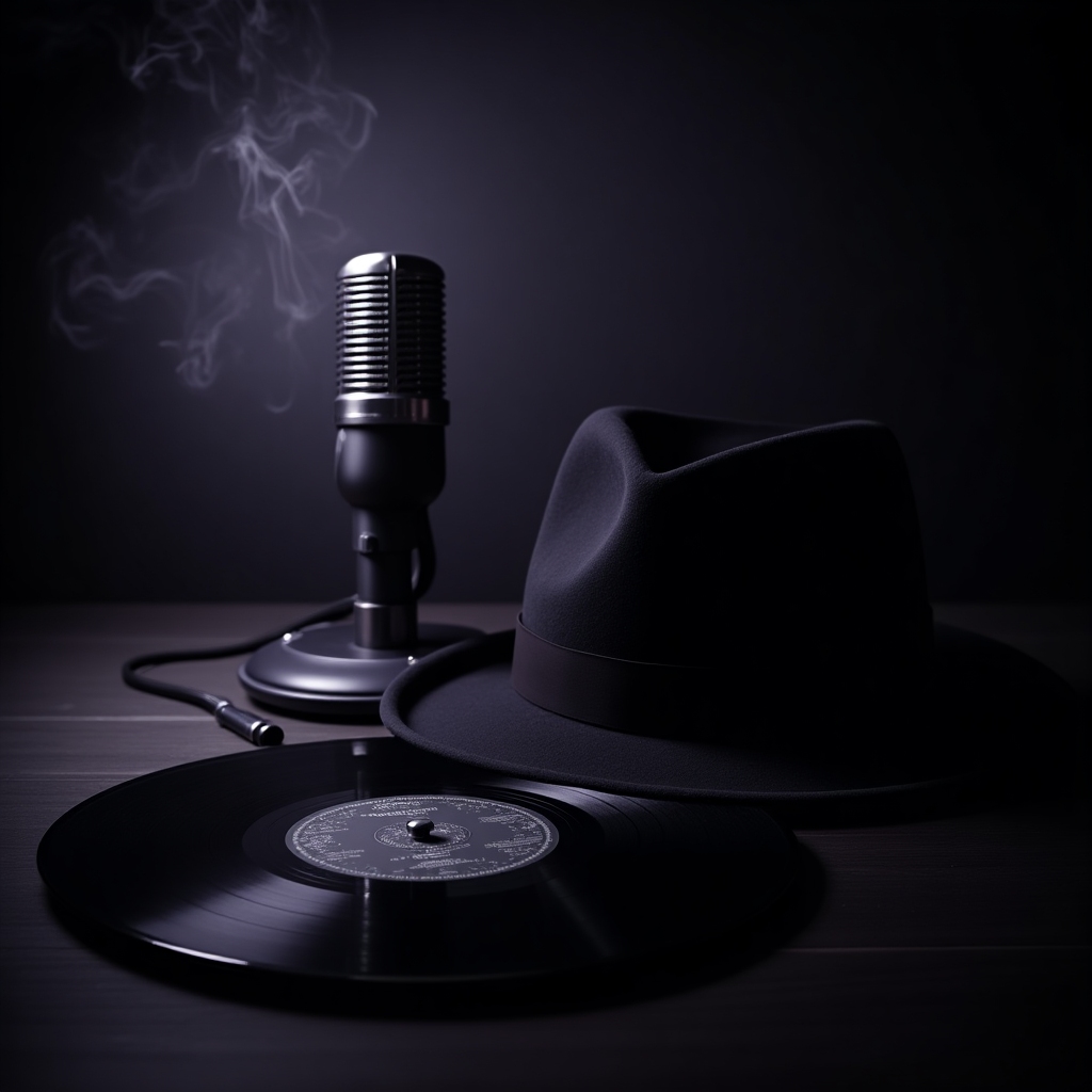 Close-up of a vintage vinyl record and detective-style fedora on a wooden table under moody lighting