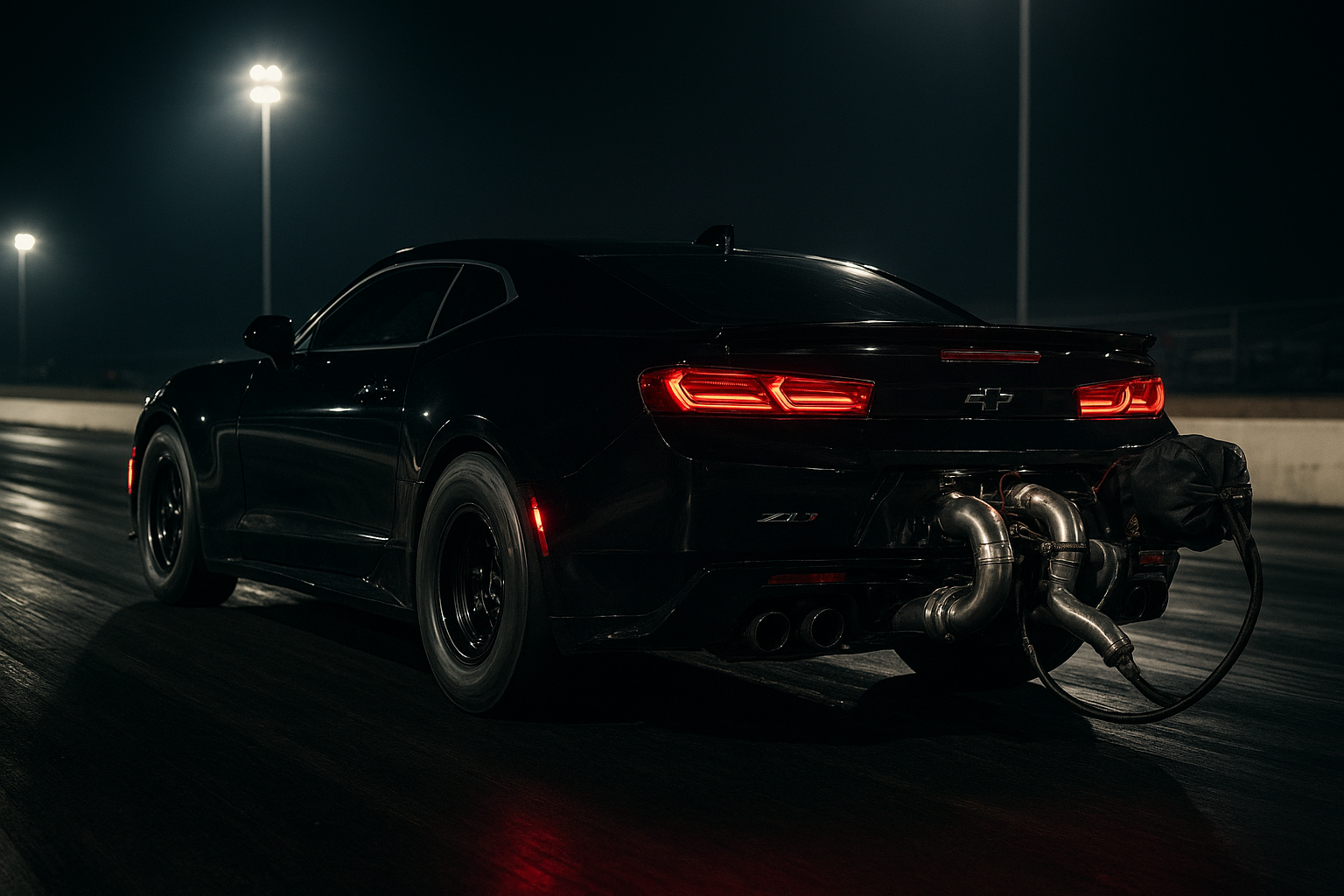 black Chevy Camaro drag build with parachute pack, exposed twin turbo setup, and track lights reflecting on the body