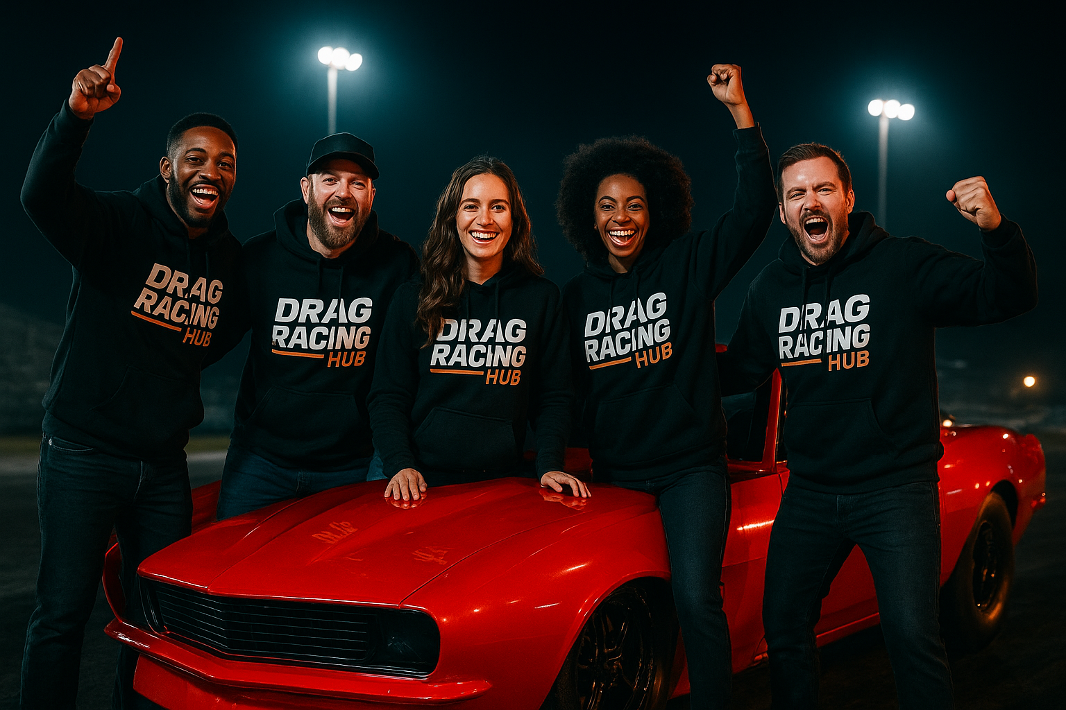 Diverse group of drag racing fans in branded hoodies posing with a bright red pro-mod car under track lights