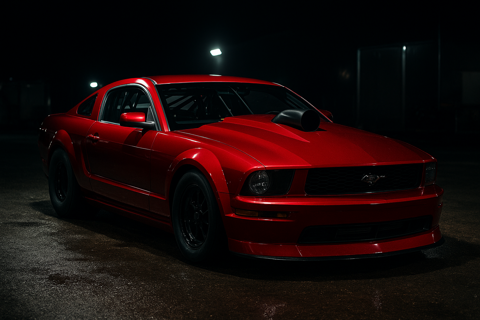 deep red Ford Mustang drag car with wide rear tires, hood exit exhaust, and roll cage visible in the cockpit