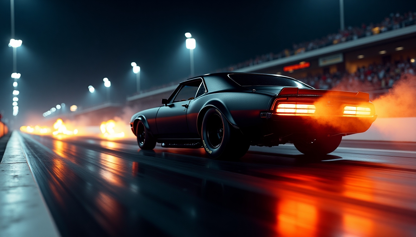 Matte black drag racing car launching off the line with flames and motion blur on a night track