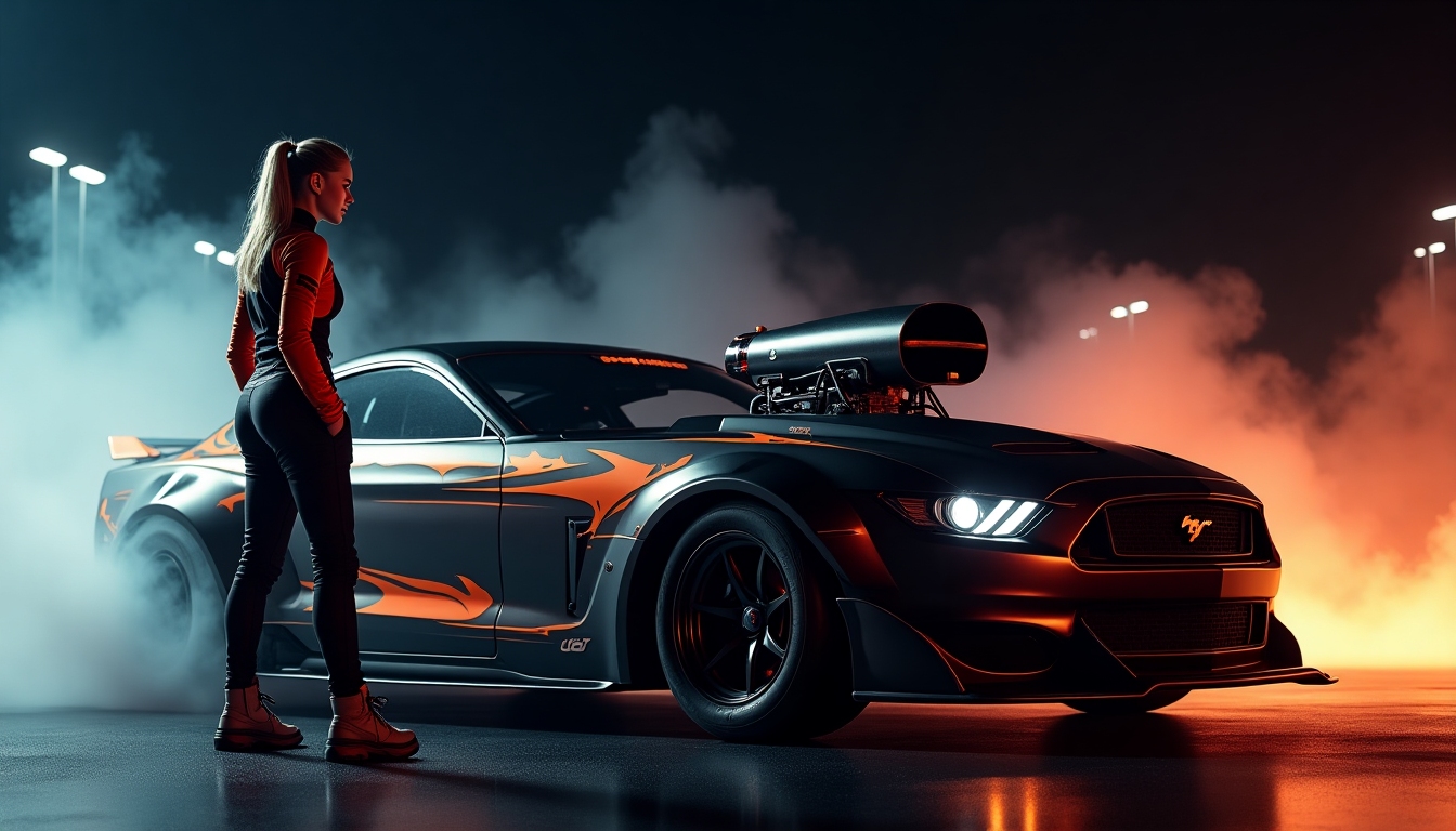 Female drag racer in a matte-black fire suit with neon orange accents standing beside a low-slung pro-mod car under pit lights