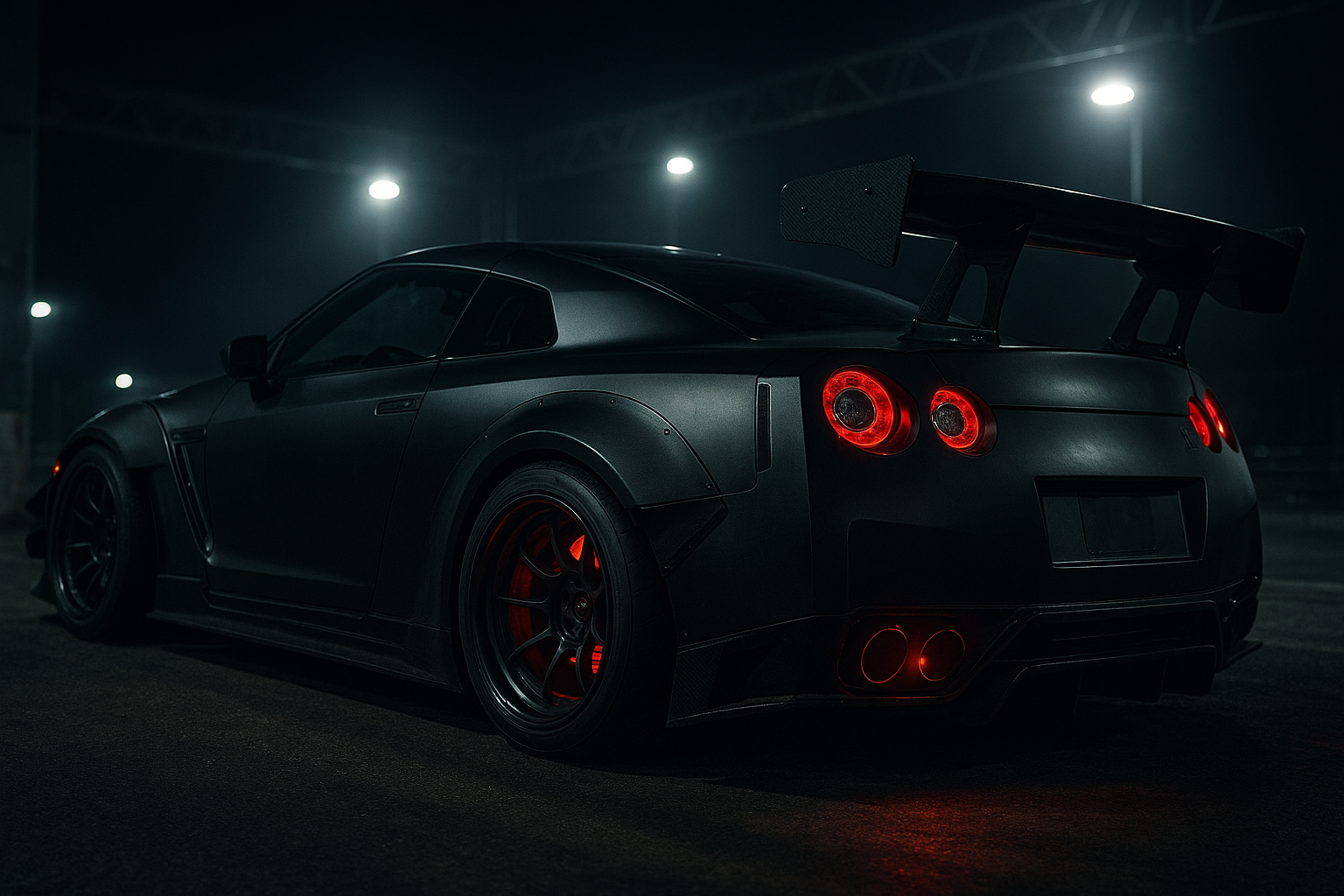 matte black Nissan GT-R drag build with wide body, large rear wing, and glowing brake rotors under pit lighting