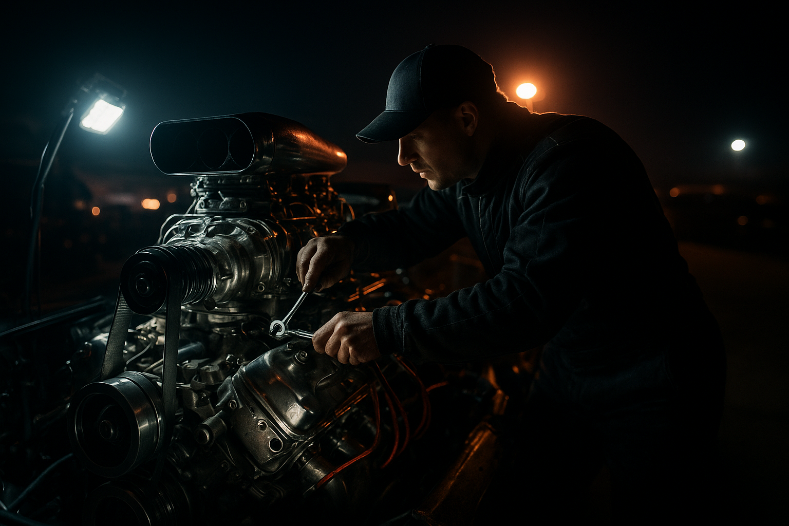 Night paddock scene with a mechanic in a black racing suit working on a supercharged engine, tool lights reflecting off metallic parts