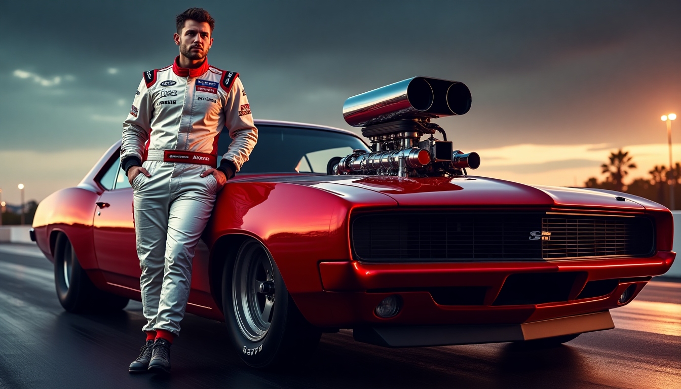 Male drag racer in a white and red racing suit leaning on a metallic red dragster with exposed supercharger and wide rear slicks