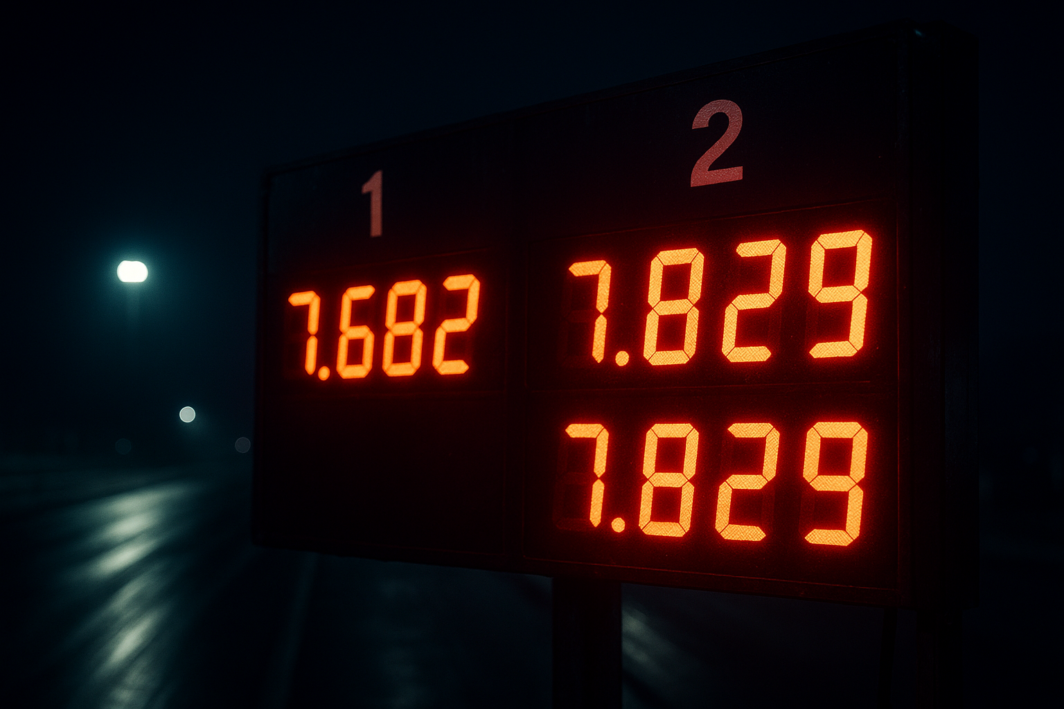 Close-up of a digital timing board glowing with race times and lane numbers in a dim drag strip setting