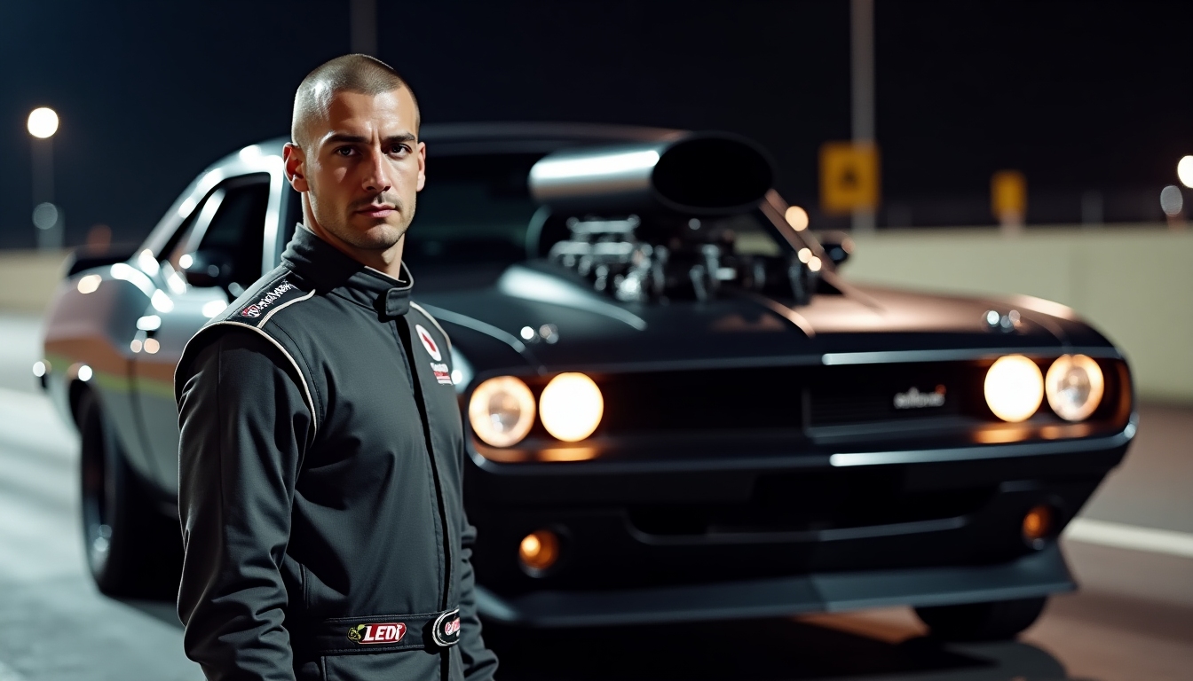 Male drag racer with a shaved head in a charcoal racing suit standing in front of a gunmetal gray street-legal drag car with a large hood scoop