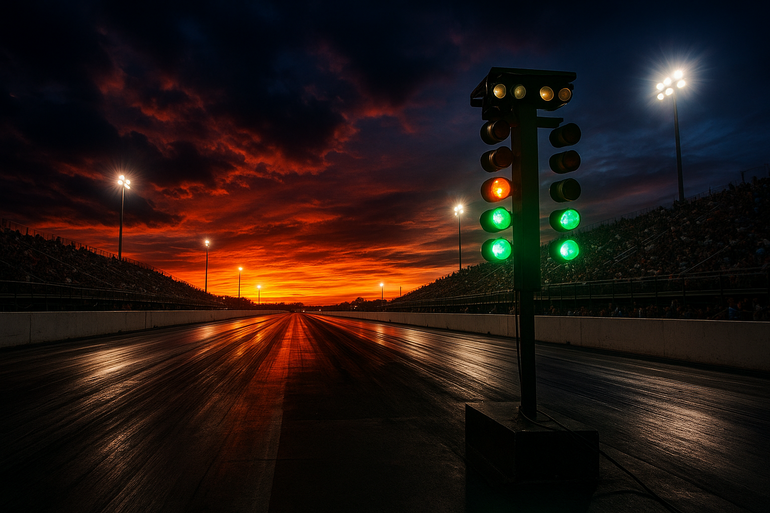 Vivid sunset drag strip with bright floodlights, a starting line Christmas tree glowing green, and a packed grandstand in the background