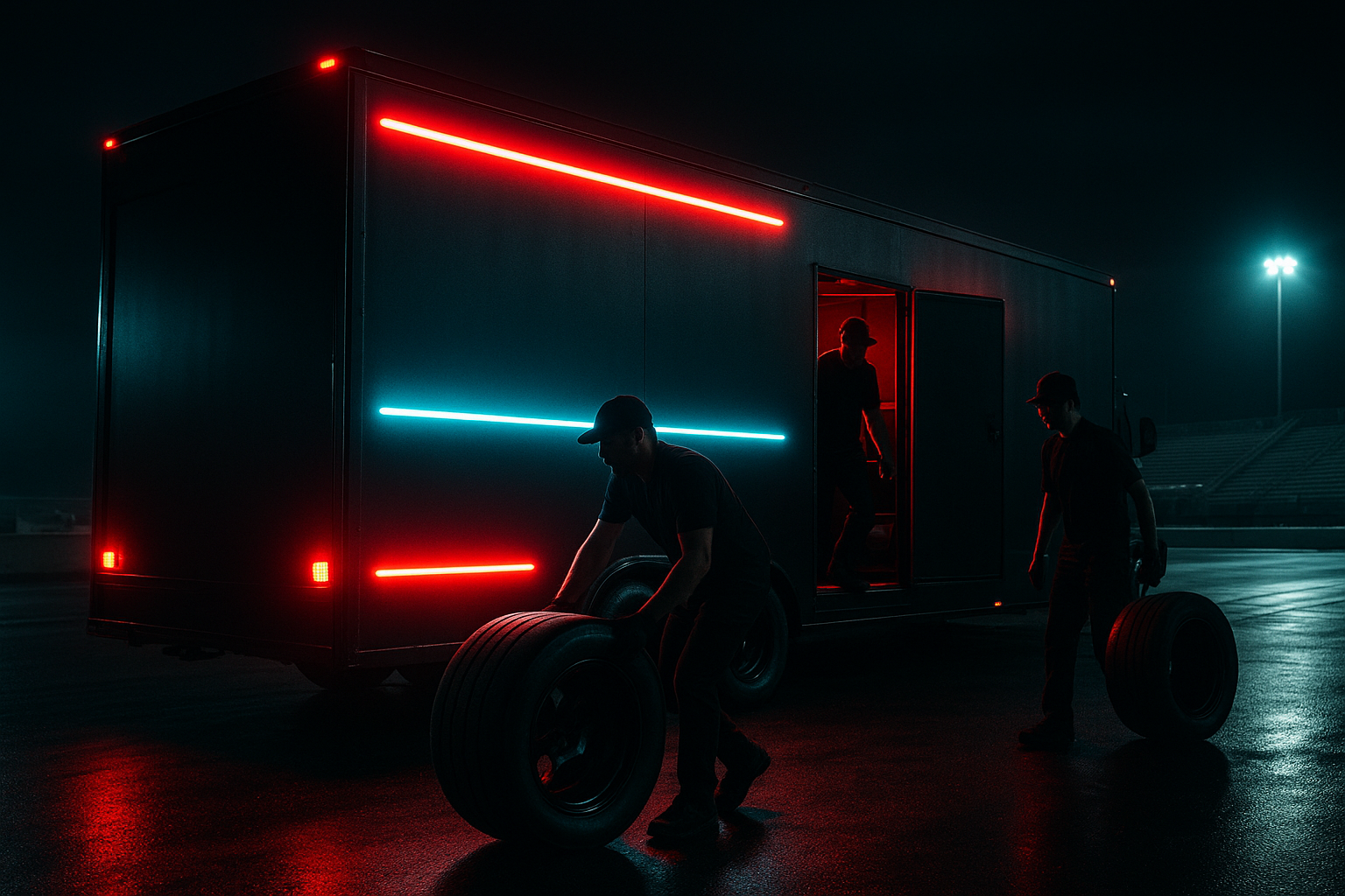 Matte black drag racing trailer with neon pit lane lights, crew members unloading spare tires and gear