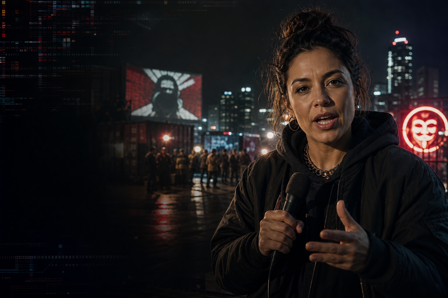 Cinematic independent broadcast scene with a bold presenter under neon city light, documentary street atmosphere, and clean digital signal overlays