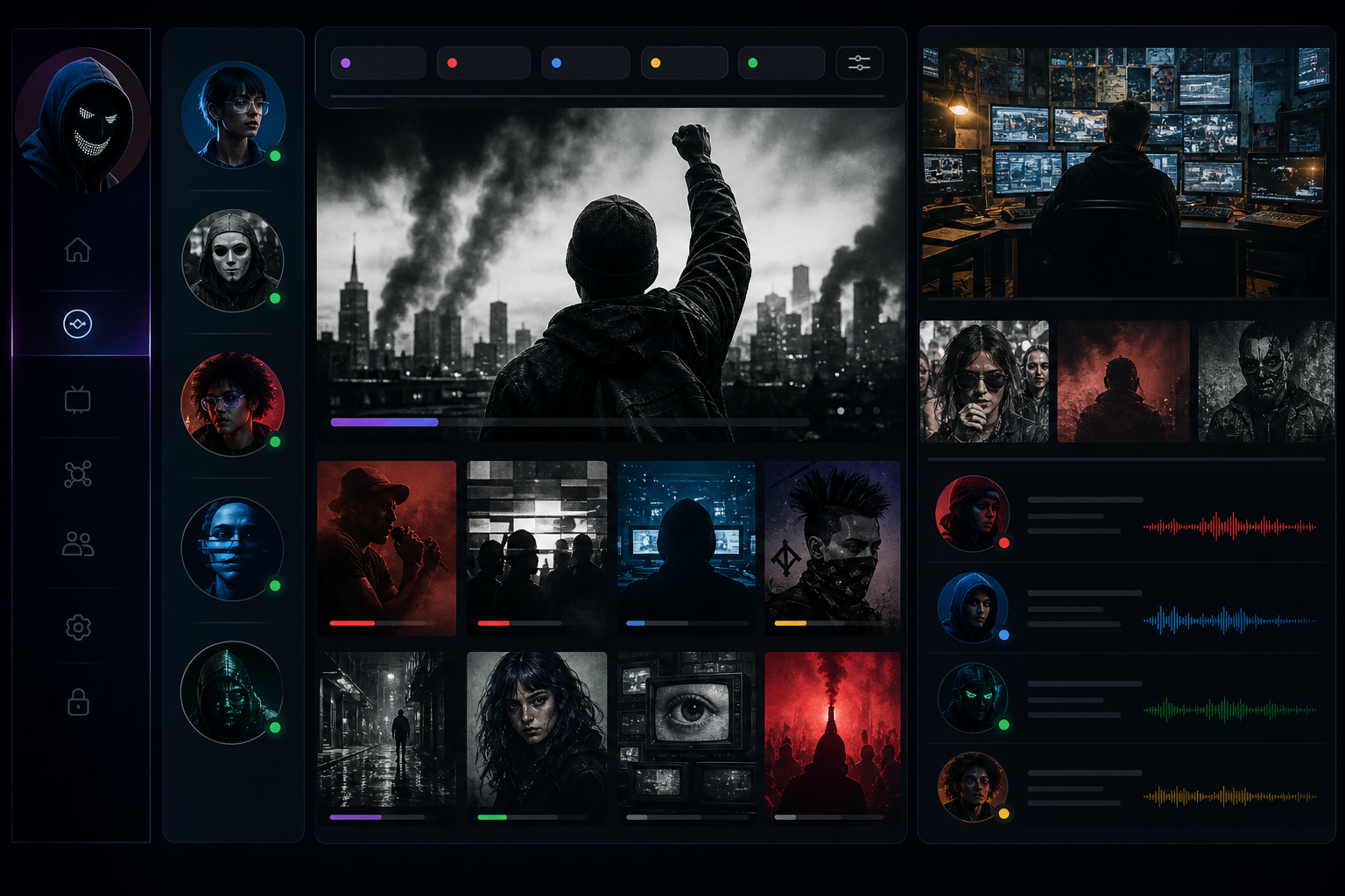 Cinematic dashboard collage showing creator avatars, tagged topic lanes, and modular media cards that suggest user-configurable feed discovery