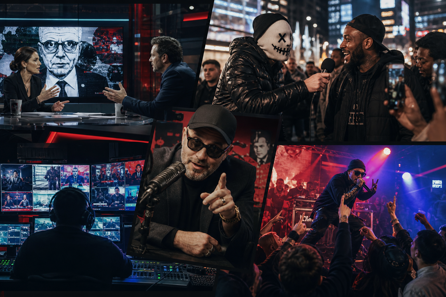 Cinematic multi-scene collage featuring a heated studio debate desk, a street interview prank moment, an underground live music performance under red lights, and a satirical commentator at a broadcast mic
