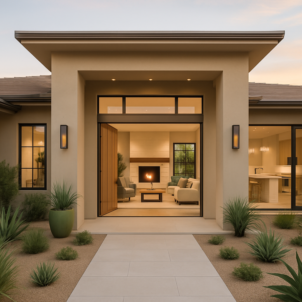 Sunlit desert-modern assisted living residence with sage-toned xeriscaping, single-story architecture, tall windows, and a serene courtyard