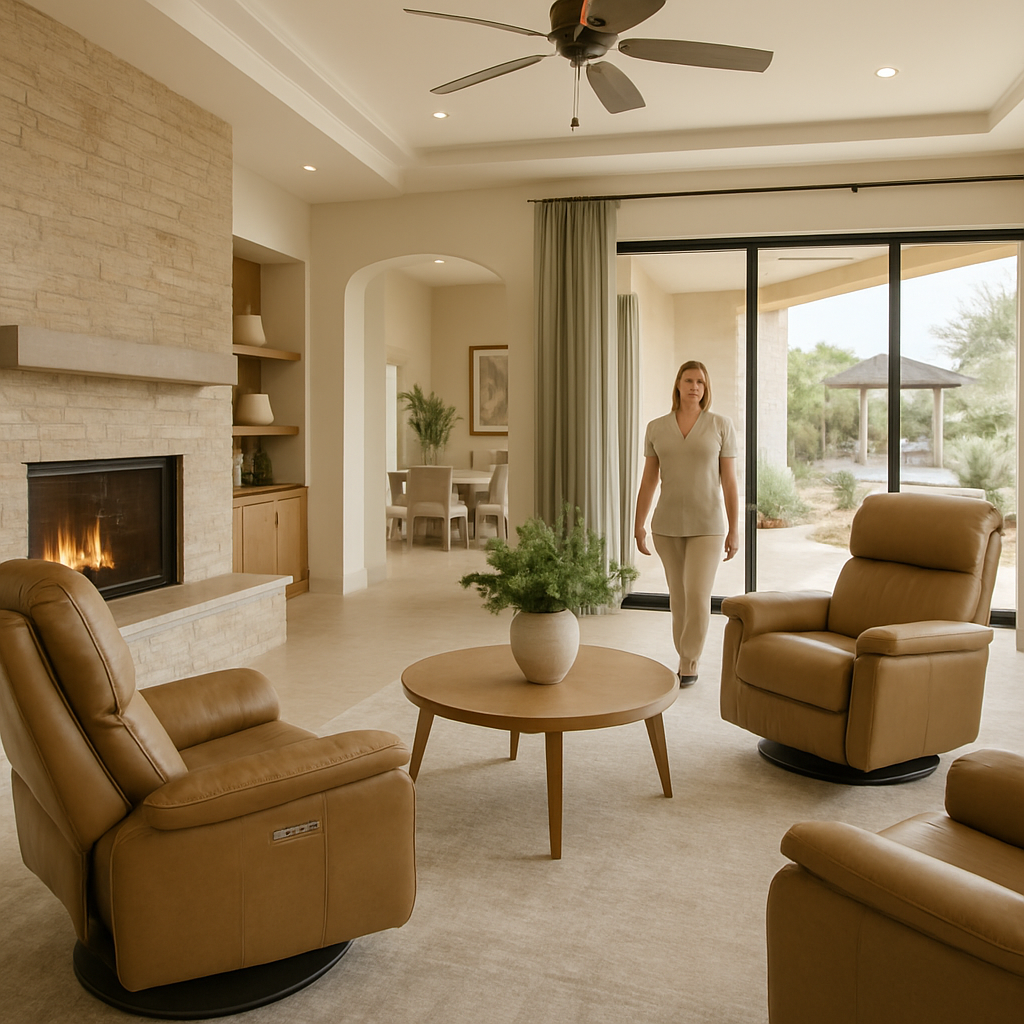 Bright single-story assisted living residence with floor-to-ceiling windows, warm sandy stone, and lush xeriscape plantings