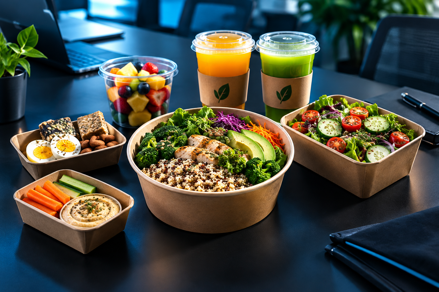 Premium office-ready healthy food assortment with salads, grain bowls, fresh fruit snacks, and vibrant citrus juices in sleek corporate delivery styling