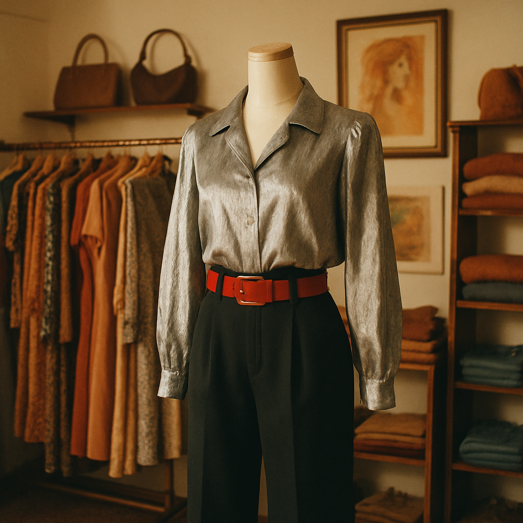 Full-length view of a retro-inspired outfit on a mannequin: metallic silver blouse, high-waist black trousers, and bold red belt against a boutique backdrop