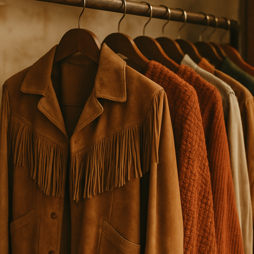 Close-up of a vintage rack featuring a camel suede fringe jacket beside a burnt orange knit sweater, softly lit with warm film grain