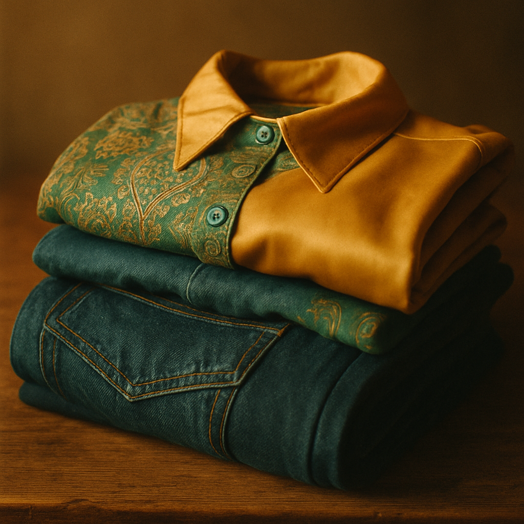 Stack of vintage denim and patterned blouses on a wooden table, featuring indigo jeans, a teal paisley top, and a mustard blouse under warm lighting