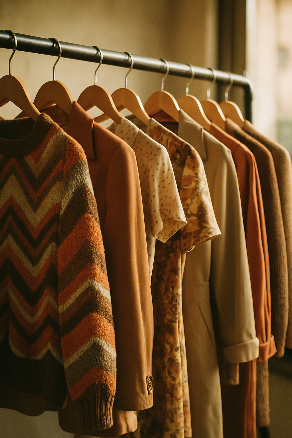 Warm film-photo style image of a vintage boutique rack with 70s and 80s garments in earthy tones
