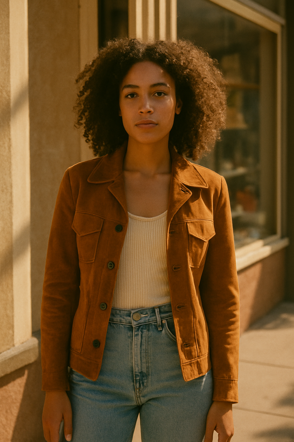 Editorial-style photo of a model wearing a 70s suede jacket and high-waisted denim, warm sun-faded film aesthetic