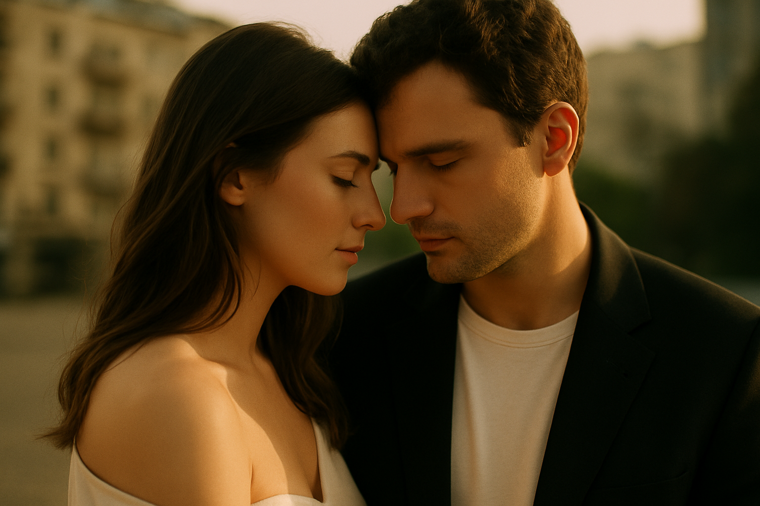 Timeless editorial portrait of a couple in intimate moment with film-inspired warm tones and emotional depth