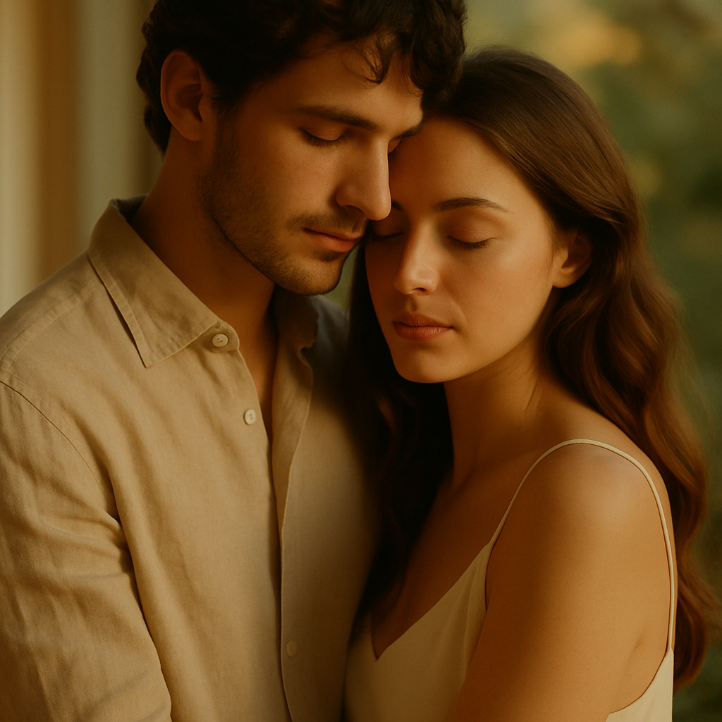 Intimate couple portrait in soft natural light with warm tones and romantic mood