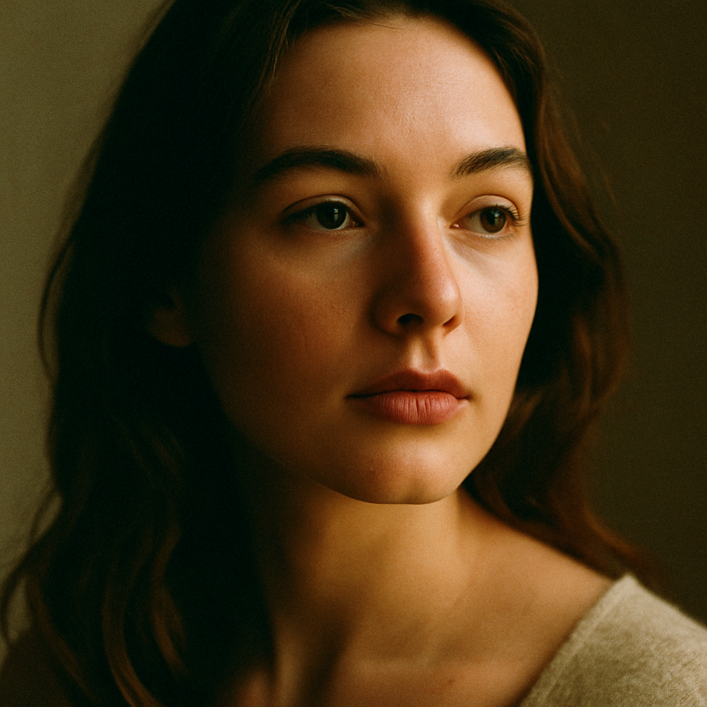 Film photography portrait with analog grain texture and vintage warm color grading