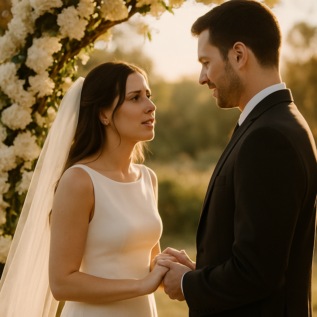 Professional wedding ceremony photography in golden hour light with bride and groom at altar