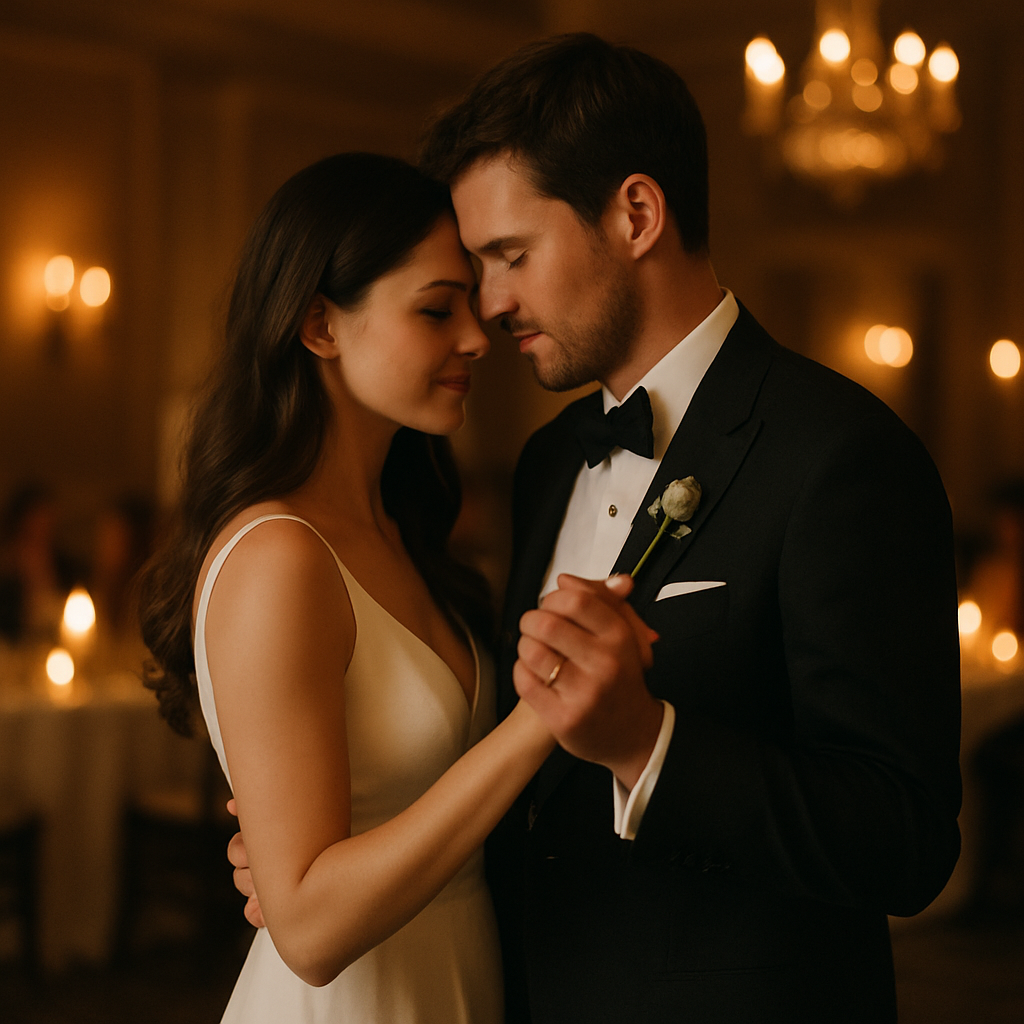 Wedding first dance with candlelit reception hall and warm ambient lighting