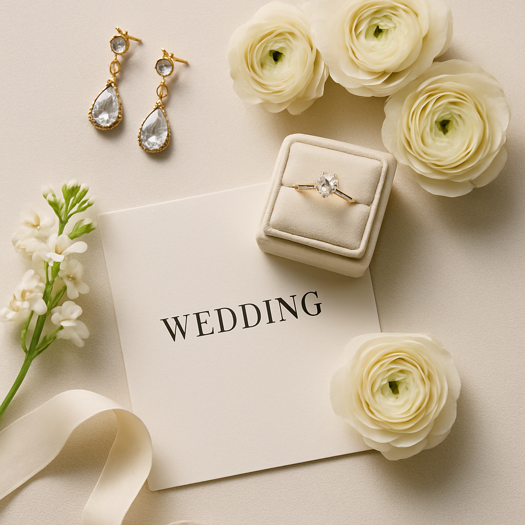 Wedding details shot with bride's jewelry, flowers, and invitation in soft natural light