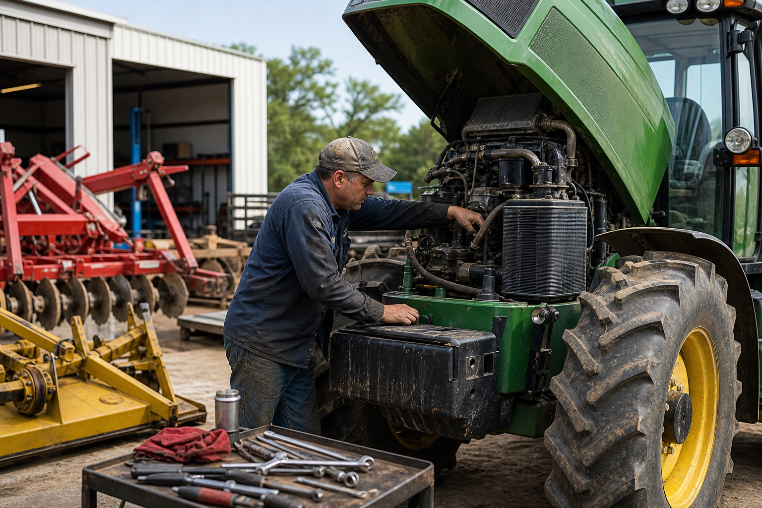 Farm equipment mechanic inspecting a tractor engine beside sturdy agricultural machinery in a practical Alabama service yard
