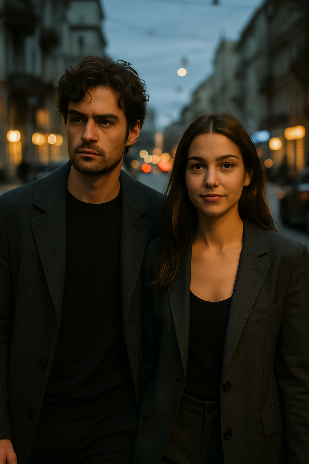 Couple walking through a city street at dusk with soft motion blur