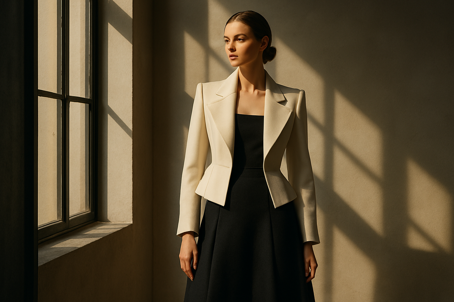 Fashion editorial near tall window with sculptural light and tailored outfit