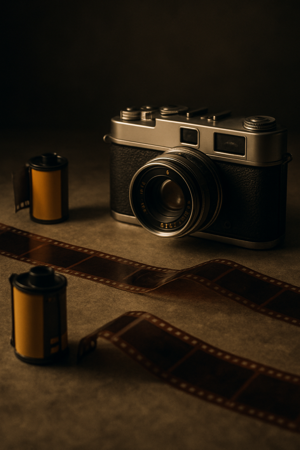 Cinematic still life with vintage camera and developed negatives