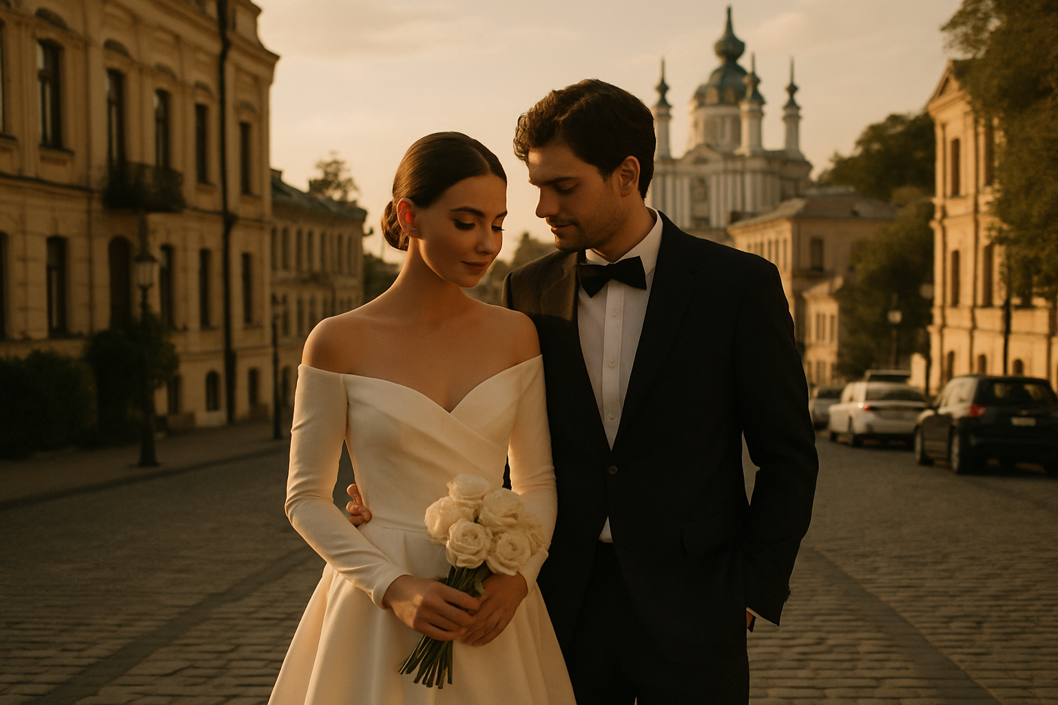 Elegant wedding portrait in warm evening light with editorial composition