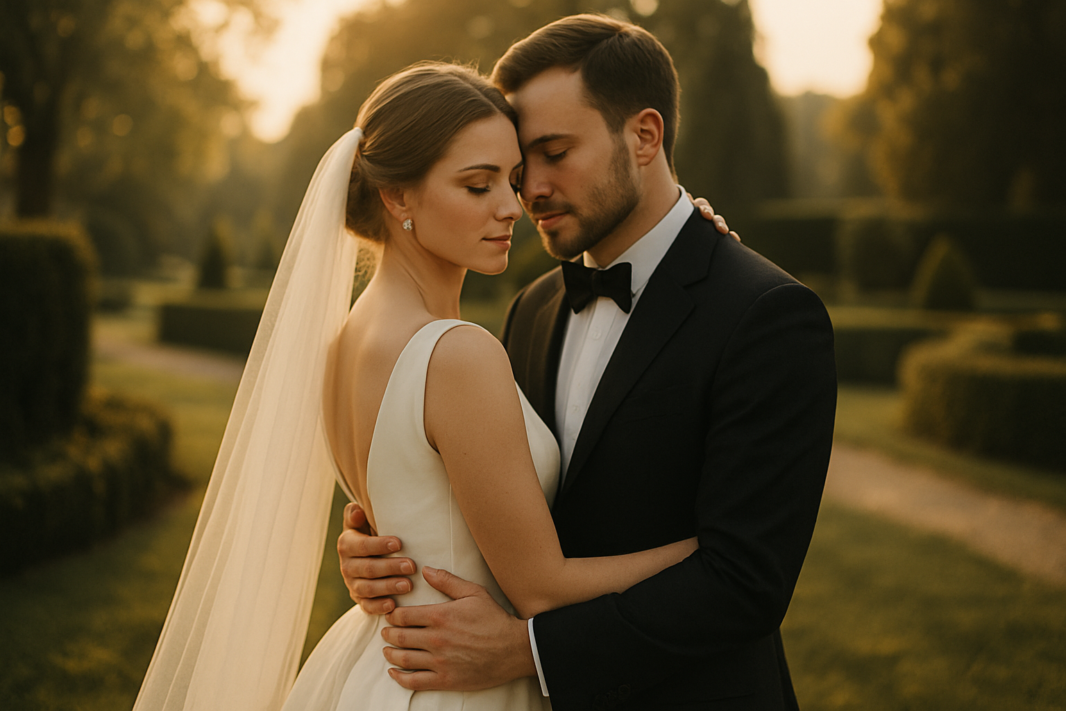 Bride and groom embracing under warm golden-hour light in a garden