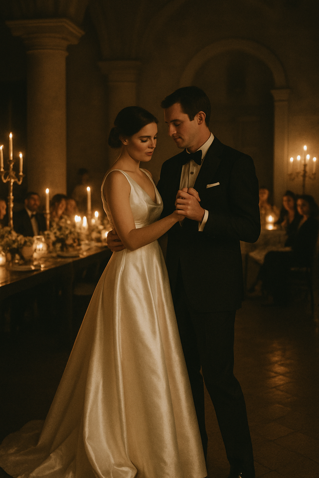First dance scene with soft candlelight and elegant formal attire