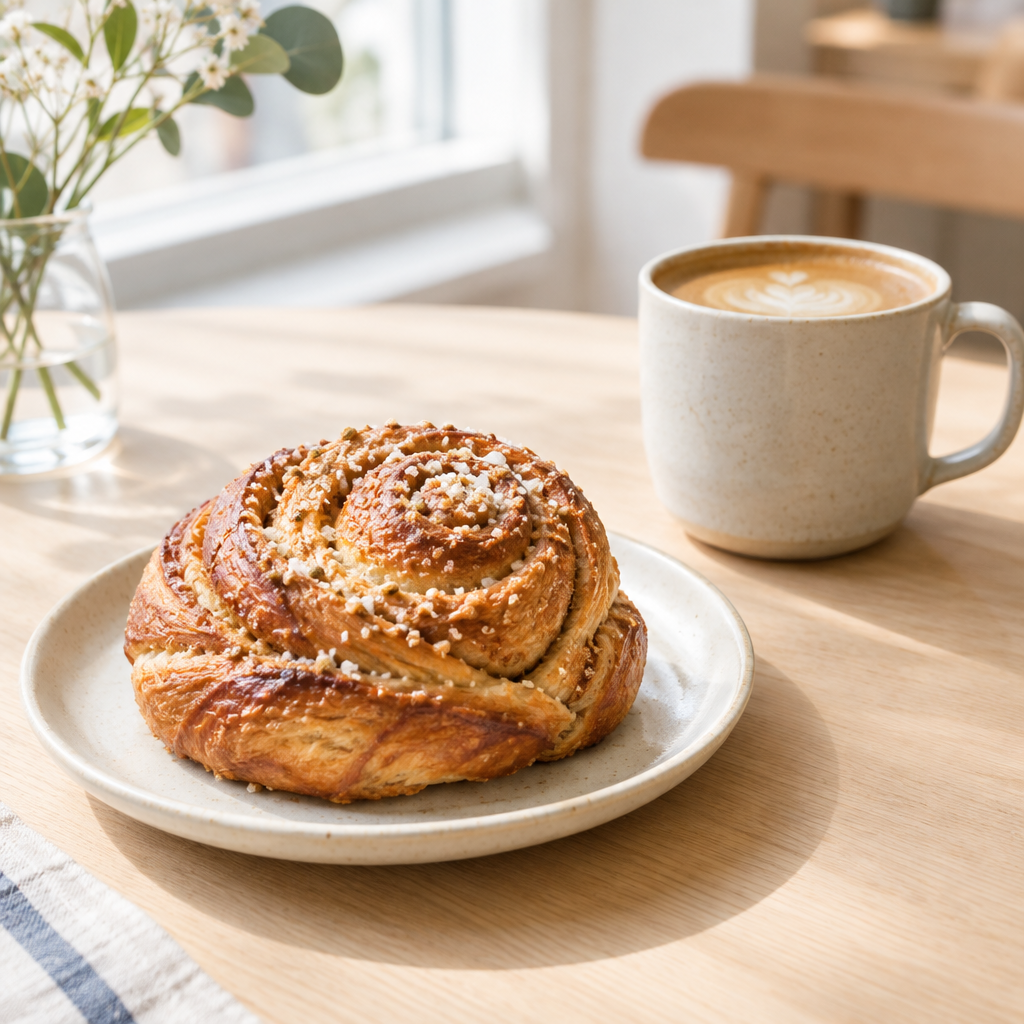 Golden, flaky cardamom morning bun with sugar dusting on a small ceramic plate beside a coffee cup.