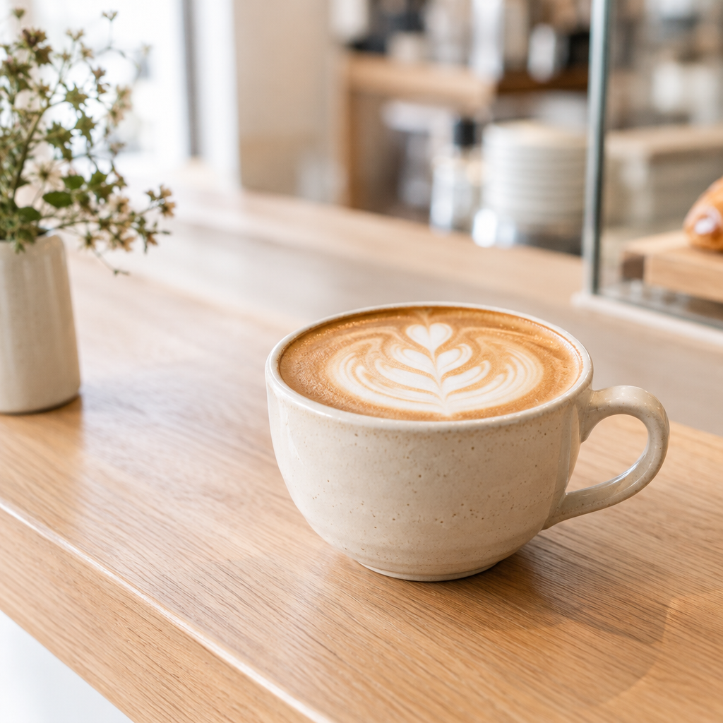 Small ceramic cup of honey oat flat white with delicate leaf latte art on a pale wood cafe table.