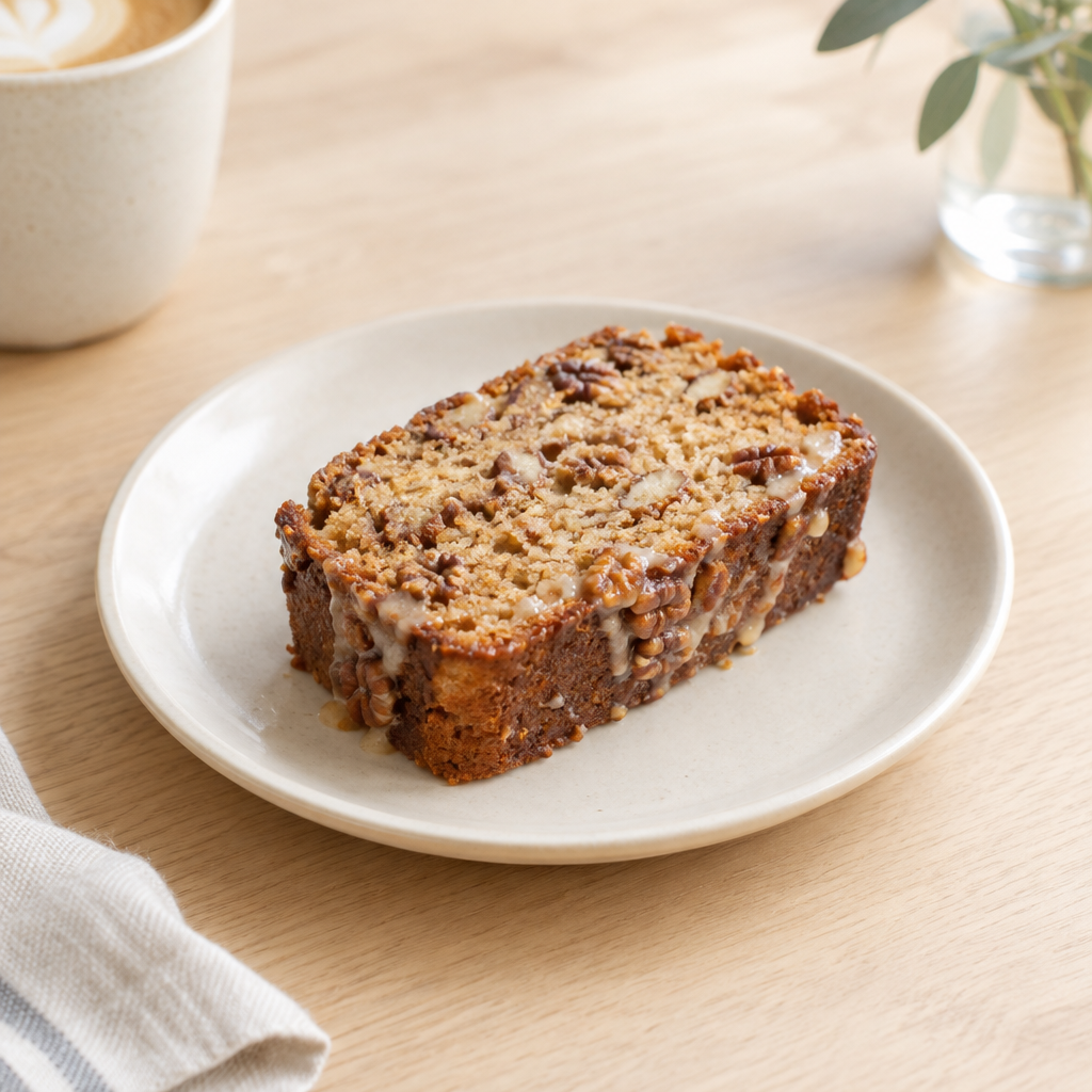 Thick slice of golden maple pecan loaf cake with toasted pecan pieces and a delicate glaze on a cream plate.